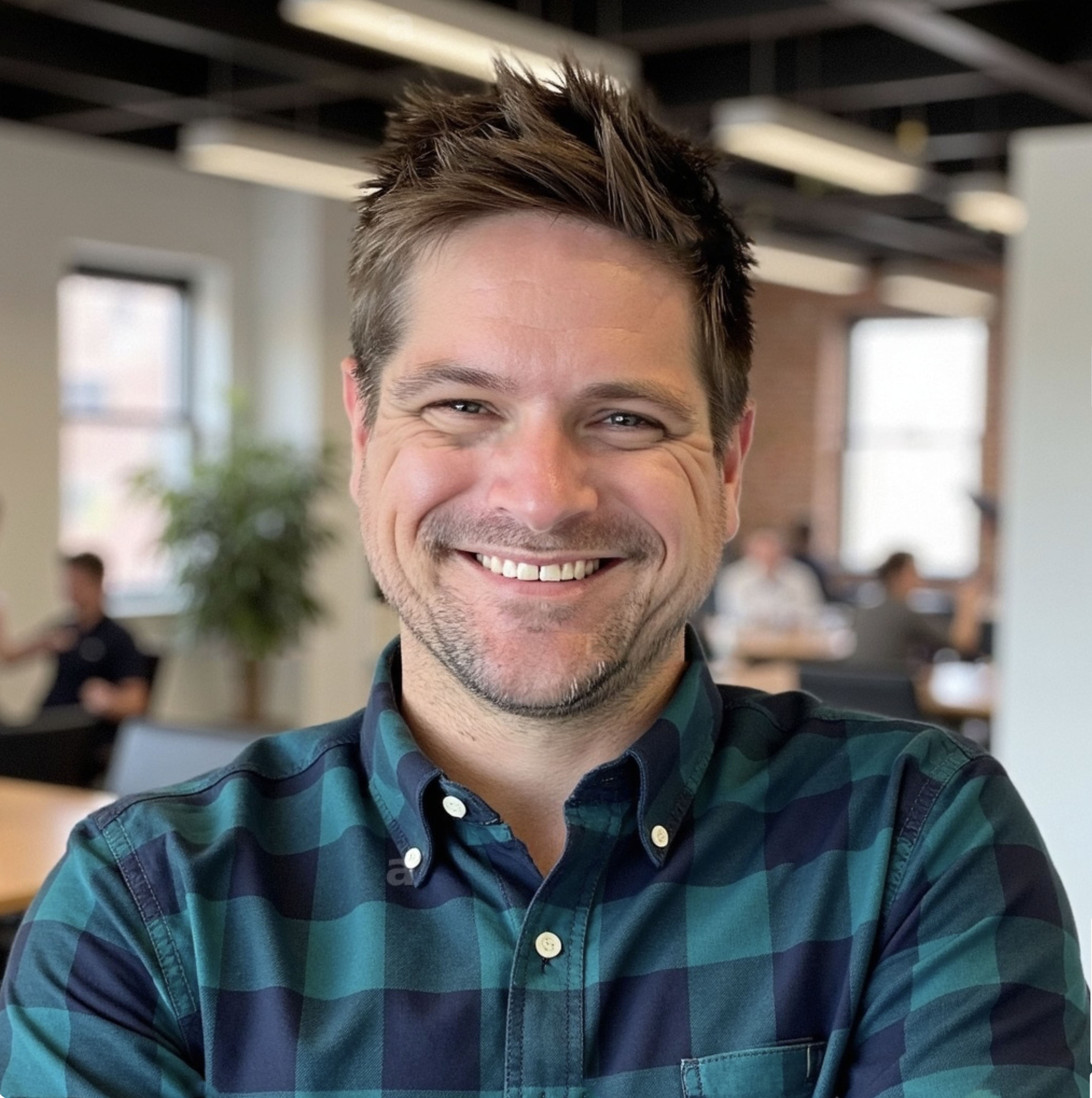 Portriat of John Joran wearing a green plaid shirt in an office setting